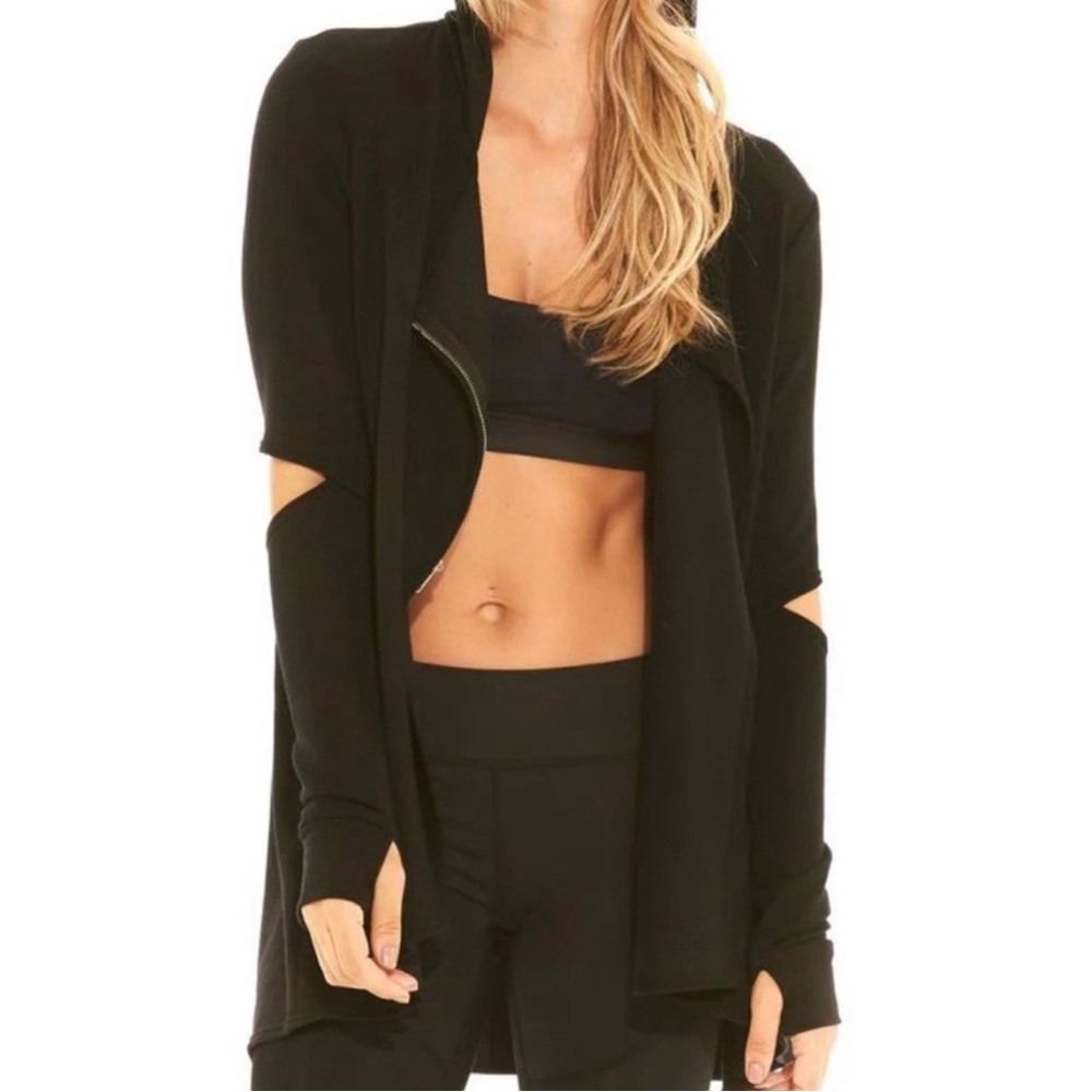 Terez Black French Terry Cut Out Arms Zip Up Drape Sweatshirt Jacket